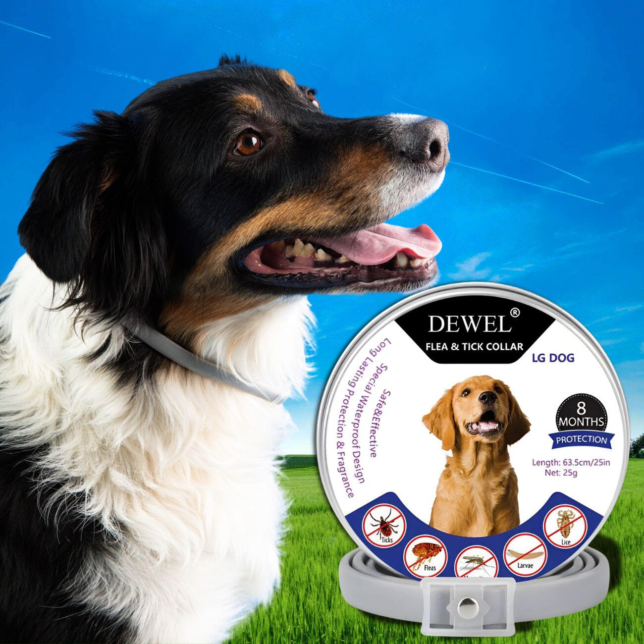 DEWEL Natural Flea and Tick Collar for Dogs — (8-Months Protection)